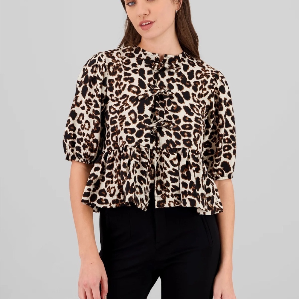 Monteau Black and Brown Peplum Blouse with Puff Sleeves animal print. Medium